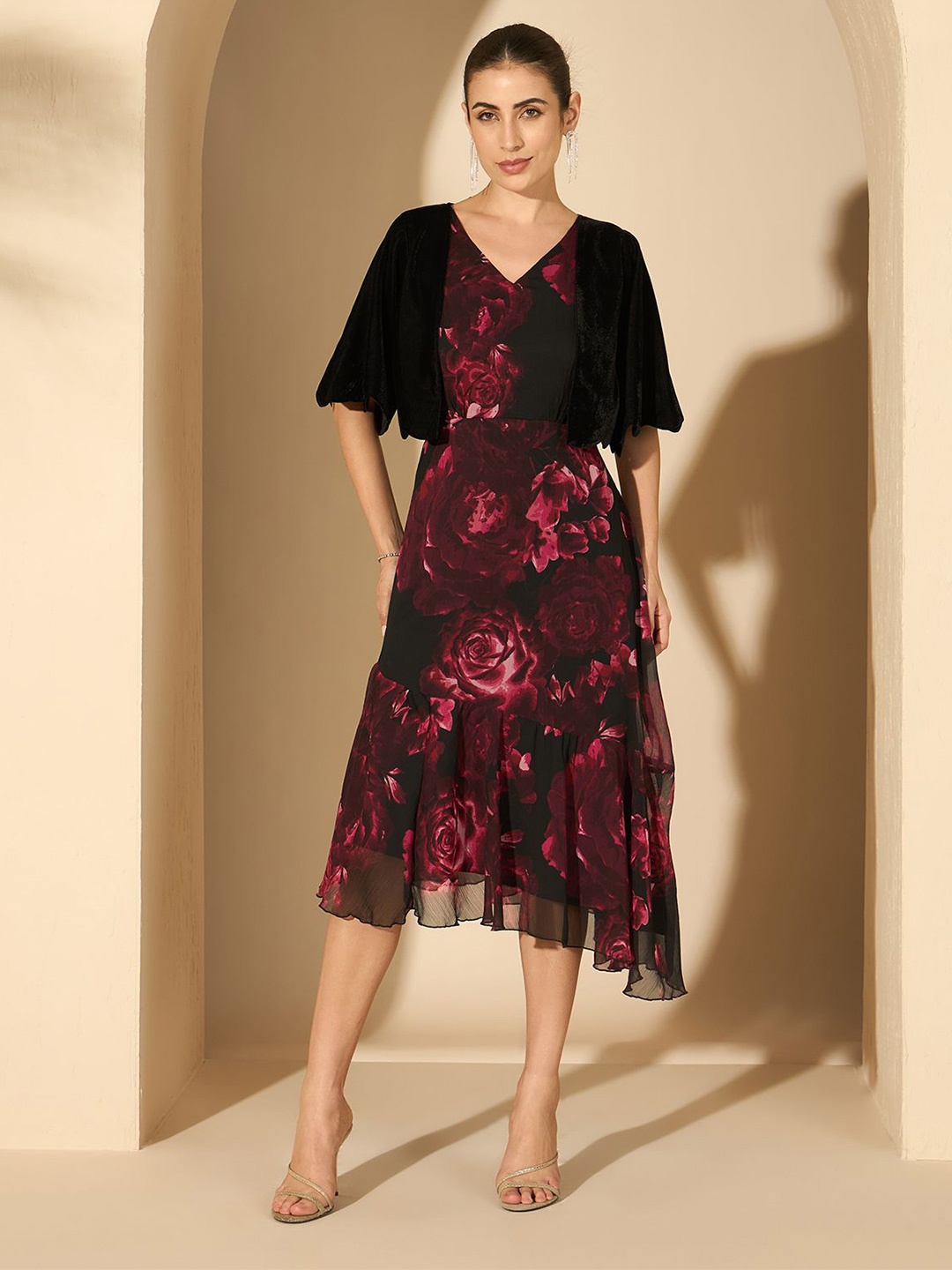 

Antheaa Women Floral Printed Layered Fit & Flare Midi Dress with velevt shrug, Black