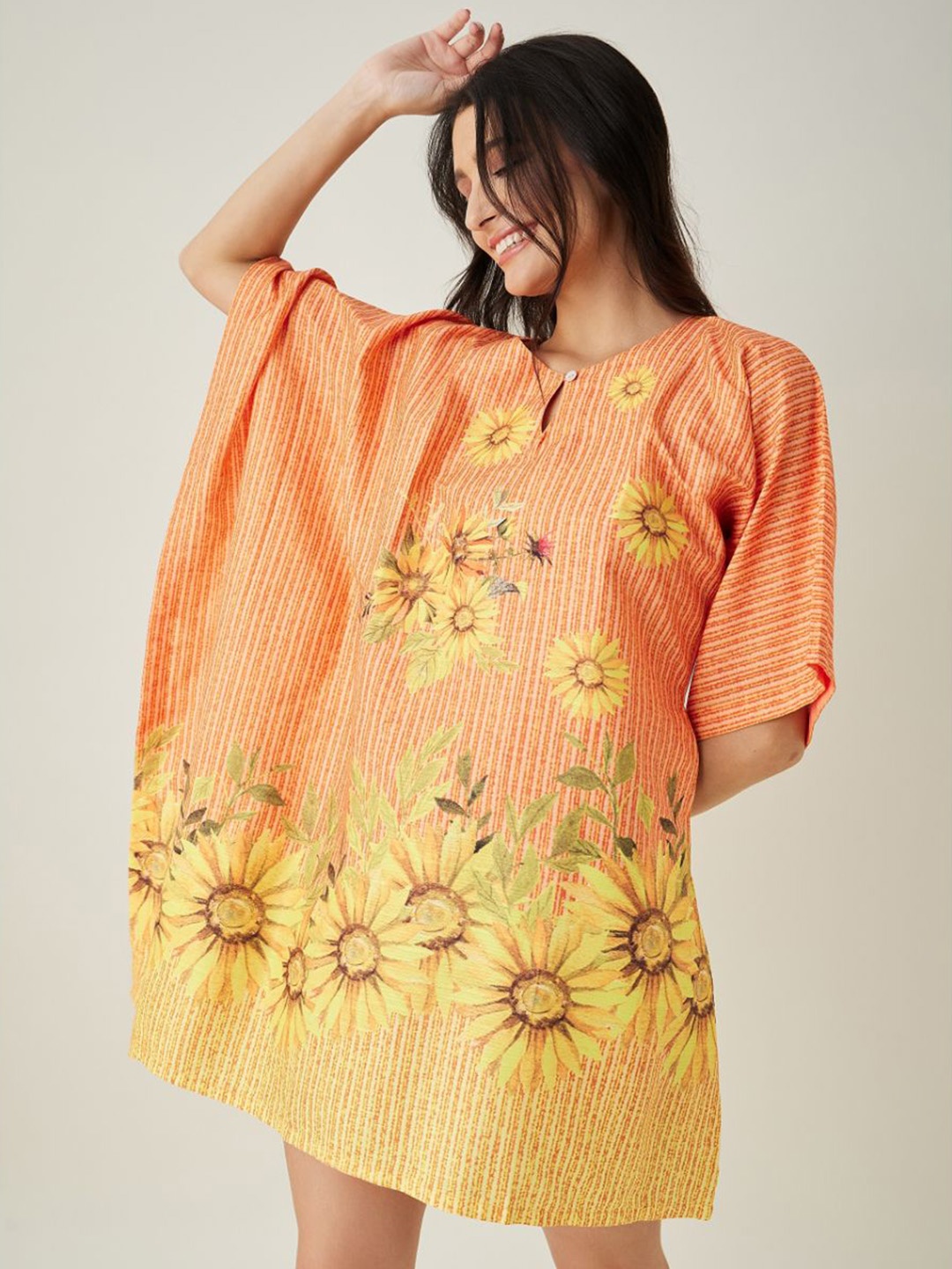 

The Kaftan Company Women Floral Printed Keyhole Neck Kimono Sleeve Kaftan Dress, Yellow