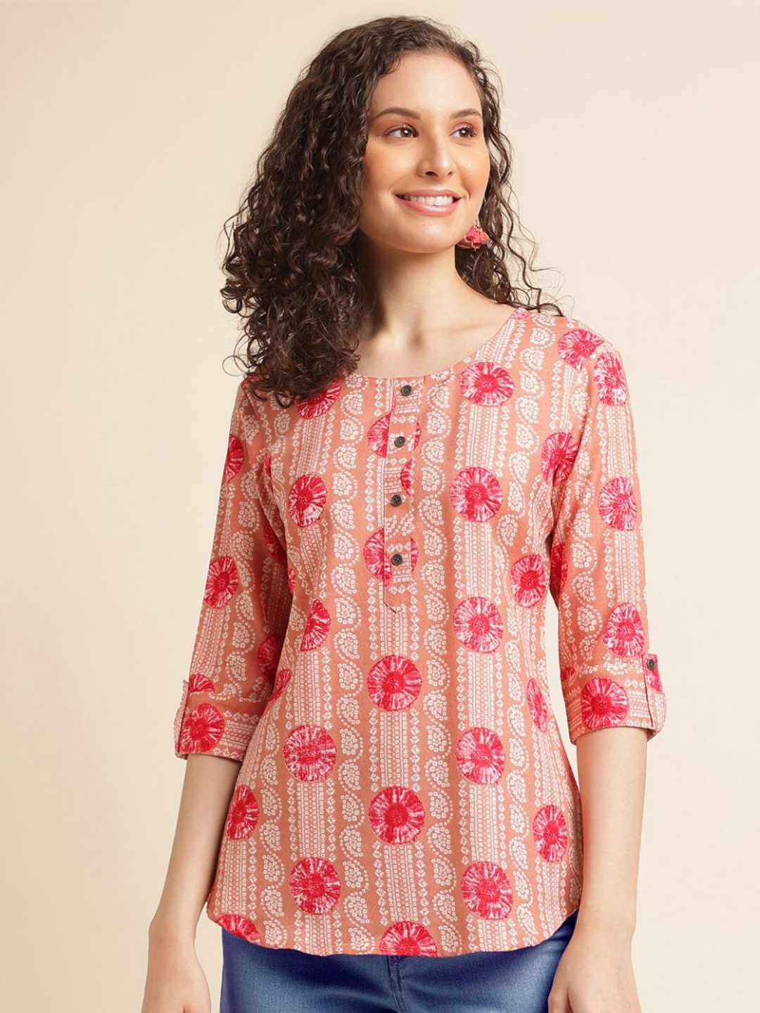 

DressBerry Floral Printed Roll-Up Sleeves Top, Peach