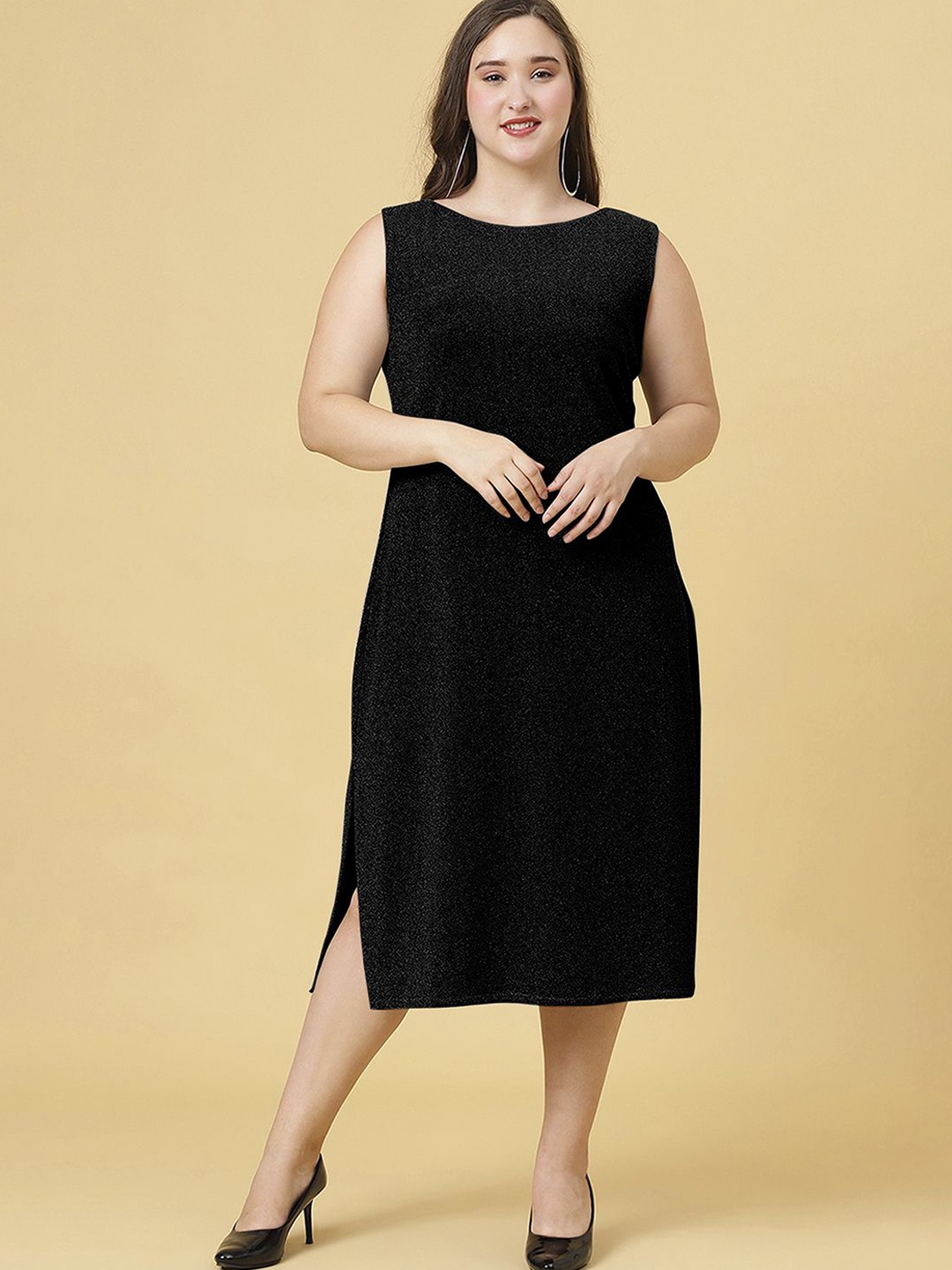 

Curvy Lane Plus Size Embellished Boat Neck Sleeveless A-Line Midi Dress, Black