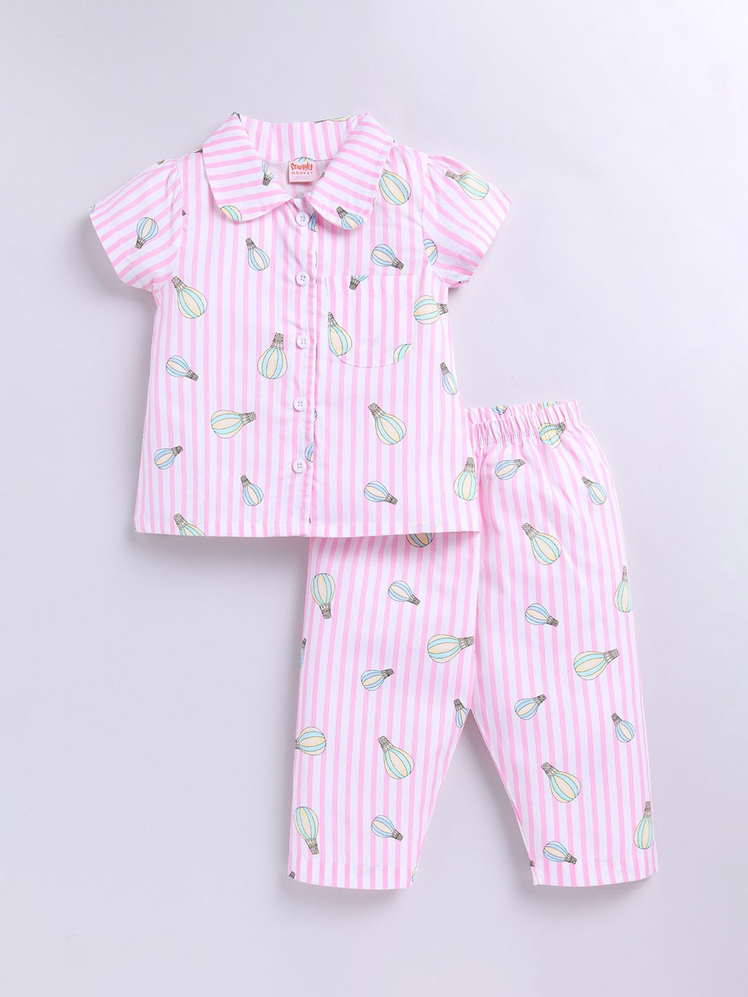 

SNUGGLY MONKEY Kids Striped Pure Cotton Short Sleeves Night suit, Pink
