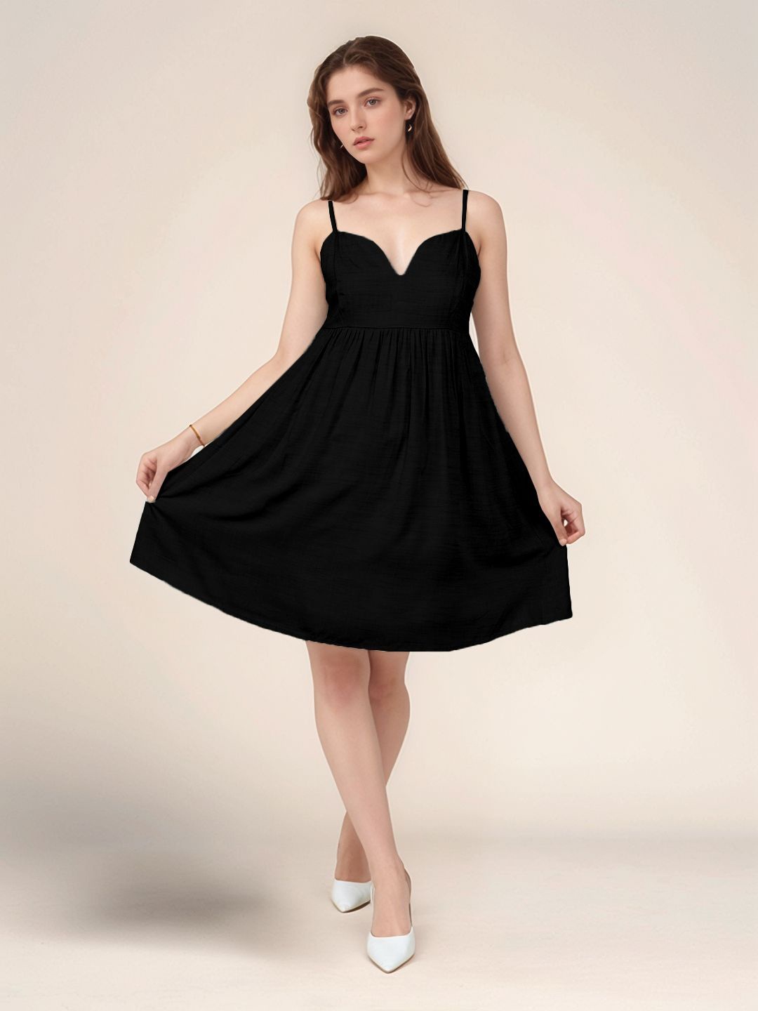 

Zink London Solid Sweetheart Neck Fit and Flare Dress, Black