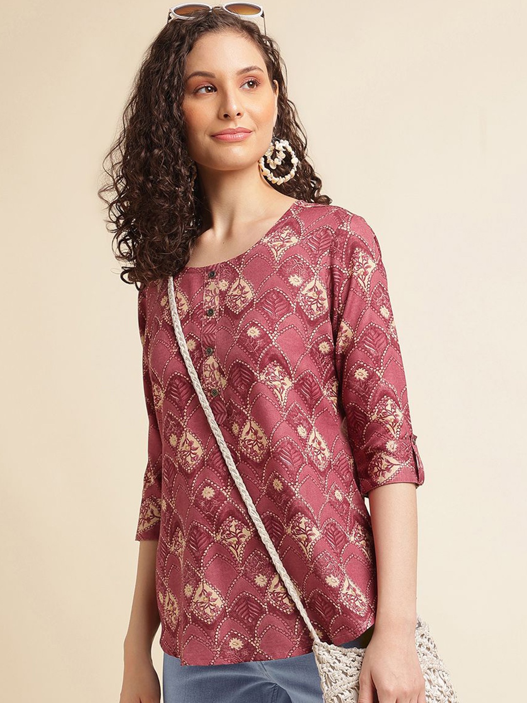 

DressBerry Women Floral Print Roll-Up Sleeves Top, Maroon