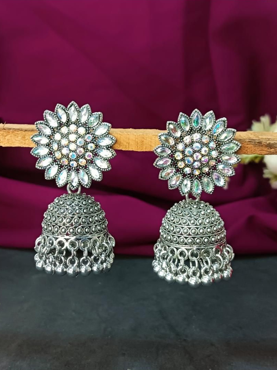 

Efulgenz Rhodium-Plated Dome Shaped Crystals Oxidized Jhumkas, Silver