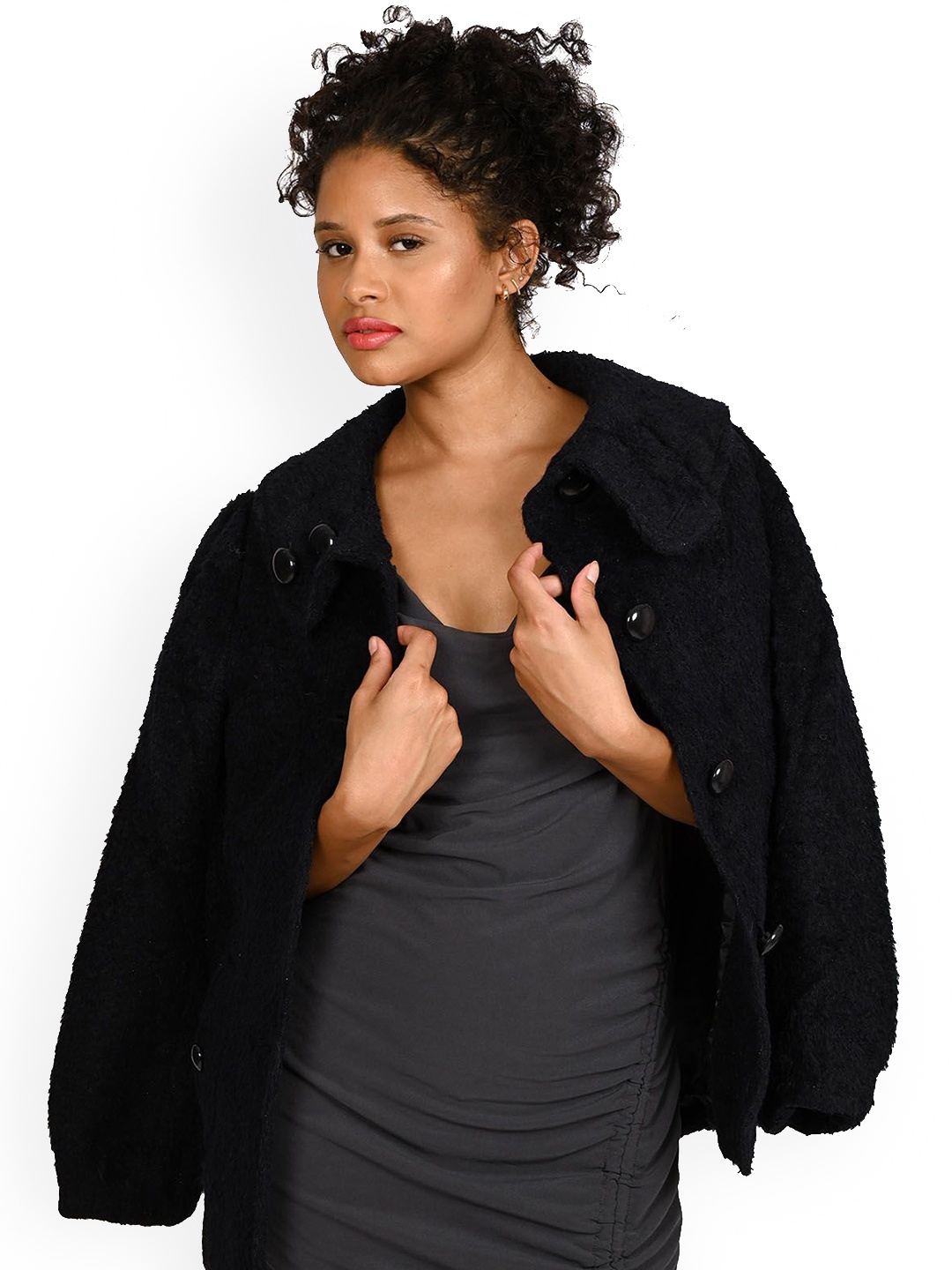 

ODETTE Women Woollen Longline Open Front Jacket, Navy blue