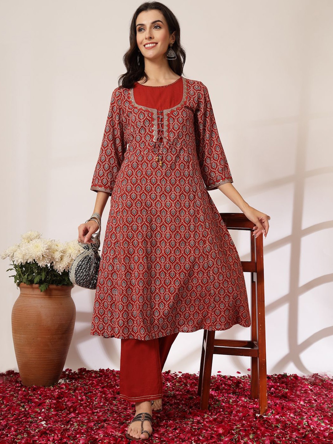 

Nayam By Lakshita Ethnic Motifs Printed A Line Kurta with Palazzos, Maroon