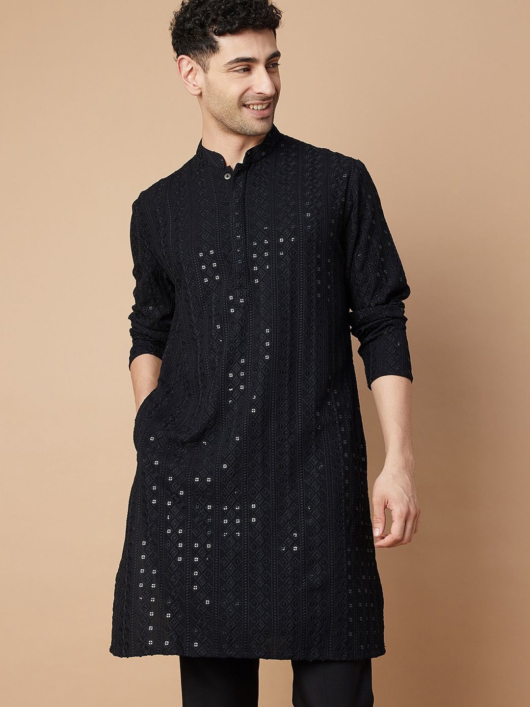

Melange by Lifestyle Geometric Embroidered Sequinned Mandarin Collar Straight Kurta, Black