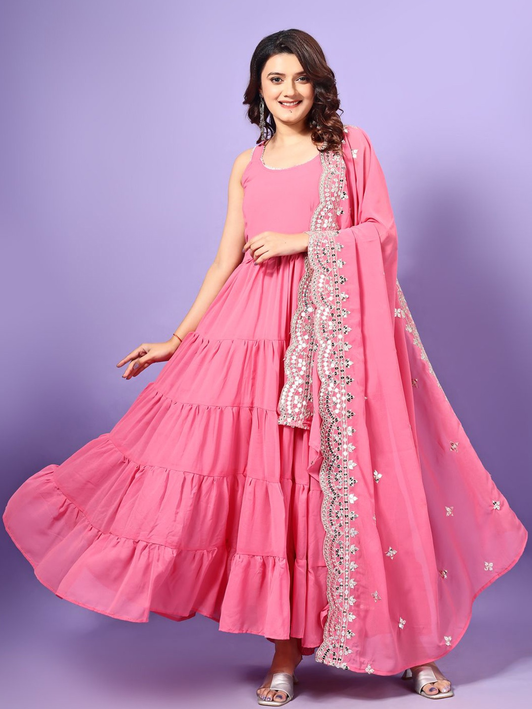 

Wedani Round Neck Layered Anarkali Georgette Kurta With Trouser With Dupatta, Pink
