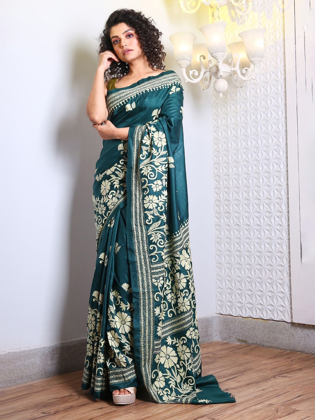 

Charukriti Woven Design Kantha Work Pure Silk Designer Saree, Teal