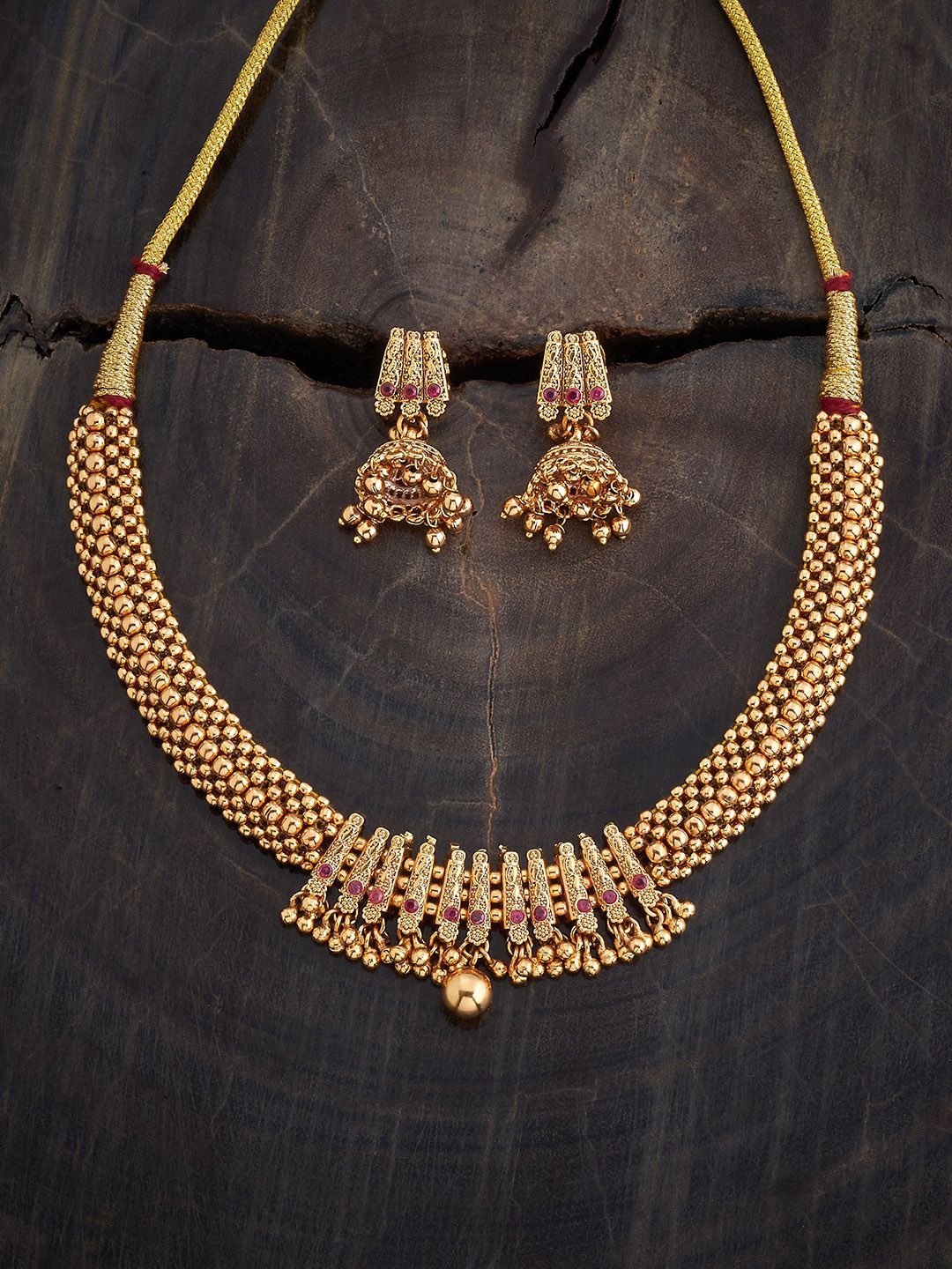 

Kushal's Fashion Jewellery Gold-Plated Ruby Stone Studded Antique Necklace and Earrings