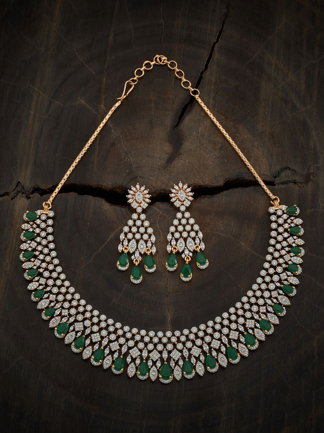

Kushal's Fashion Jewellery Rhodium Plated CZ Stone Studded Necklace and Earrings, Silver