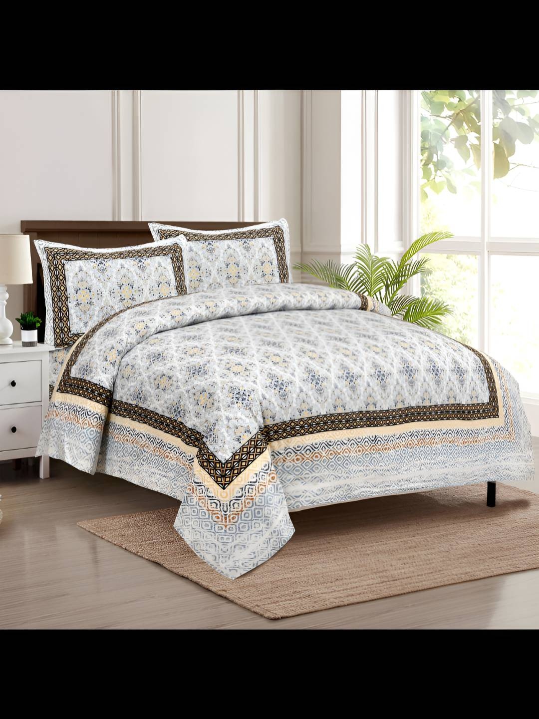 

BED-SHEET.COM Grey & Brown Ethnic Motifs 180 TC King Bedsheet with 2 Pillow Covers