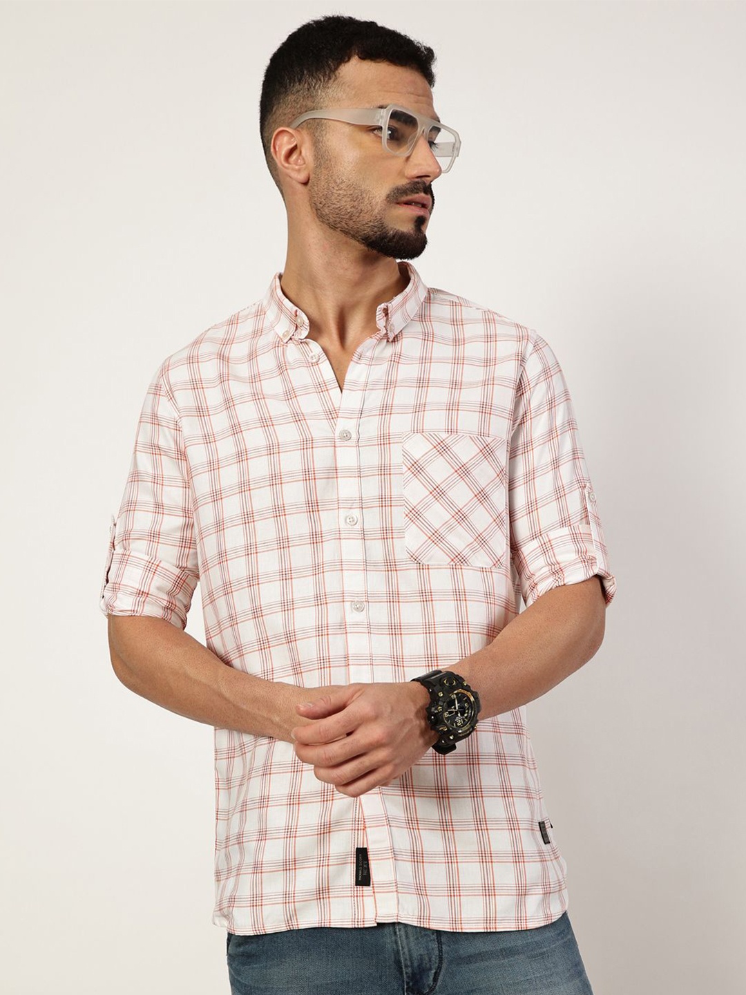 

Thomas Scott Men Premium Slim Fit Opaque Checked Casual Shirt, White