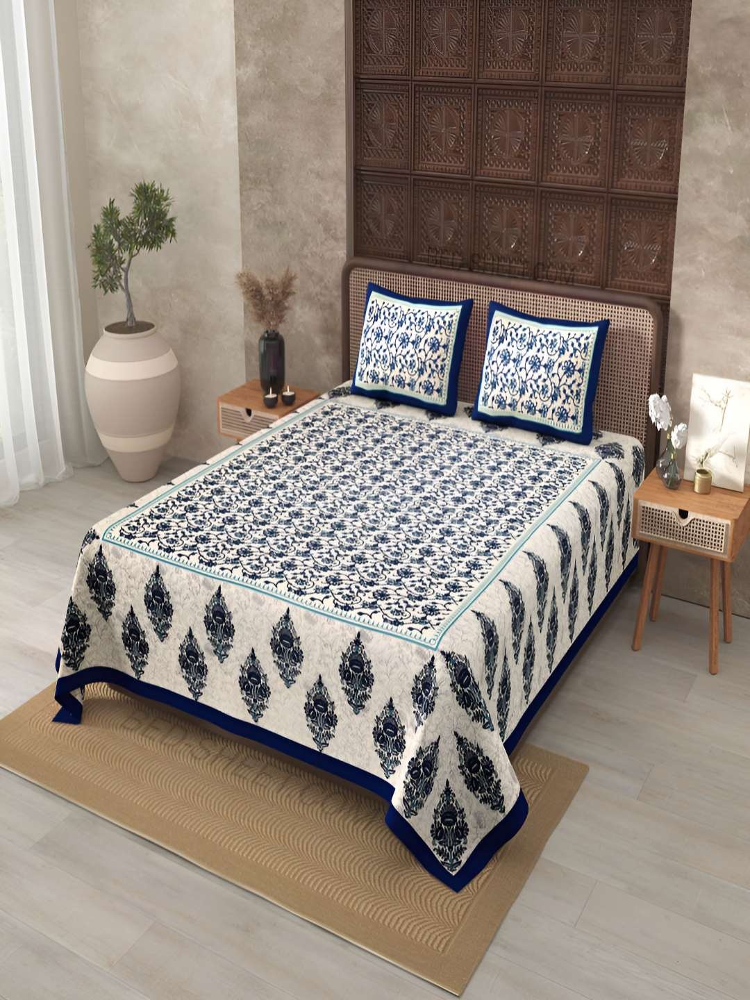 

BED-SHEET.COM Blue Ethnic Printed Cotton 180 TC King Bedsheet Set 2.74 m x 2.24 m