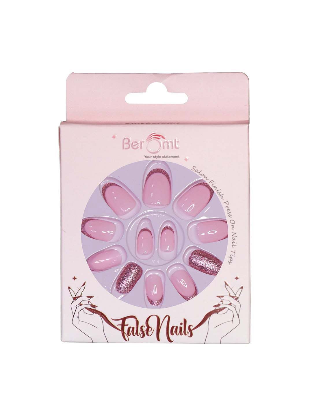 

BEROMT Set Of 12 Press On Artificial Nails With Nail Glue, Filler Shade - BFN355FN, Pink