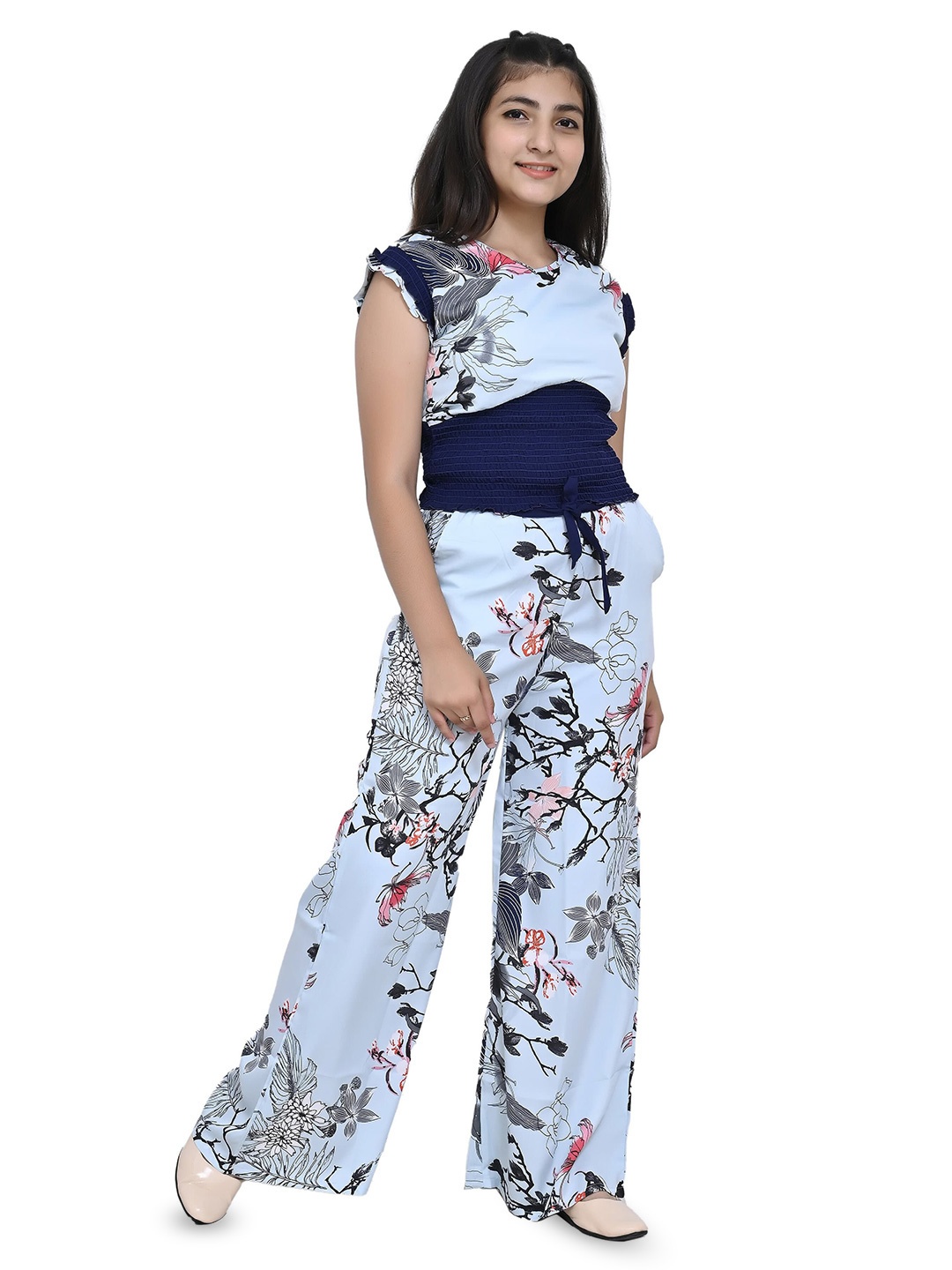 

Mabish Girls Printed V-Neck Sleeveless Top With Palazzo, Blue