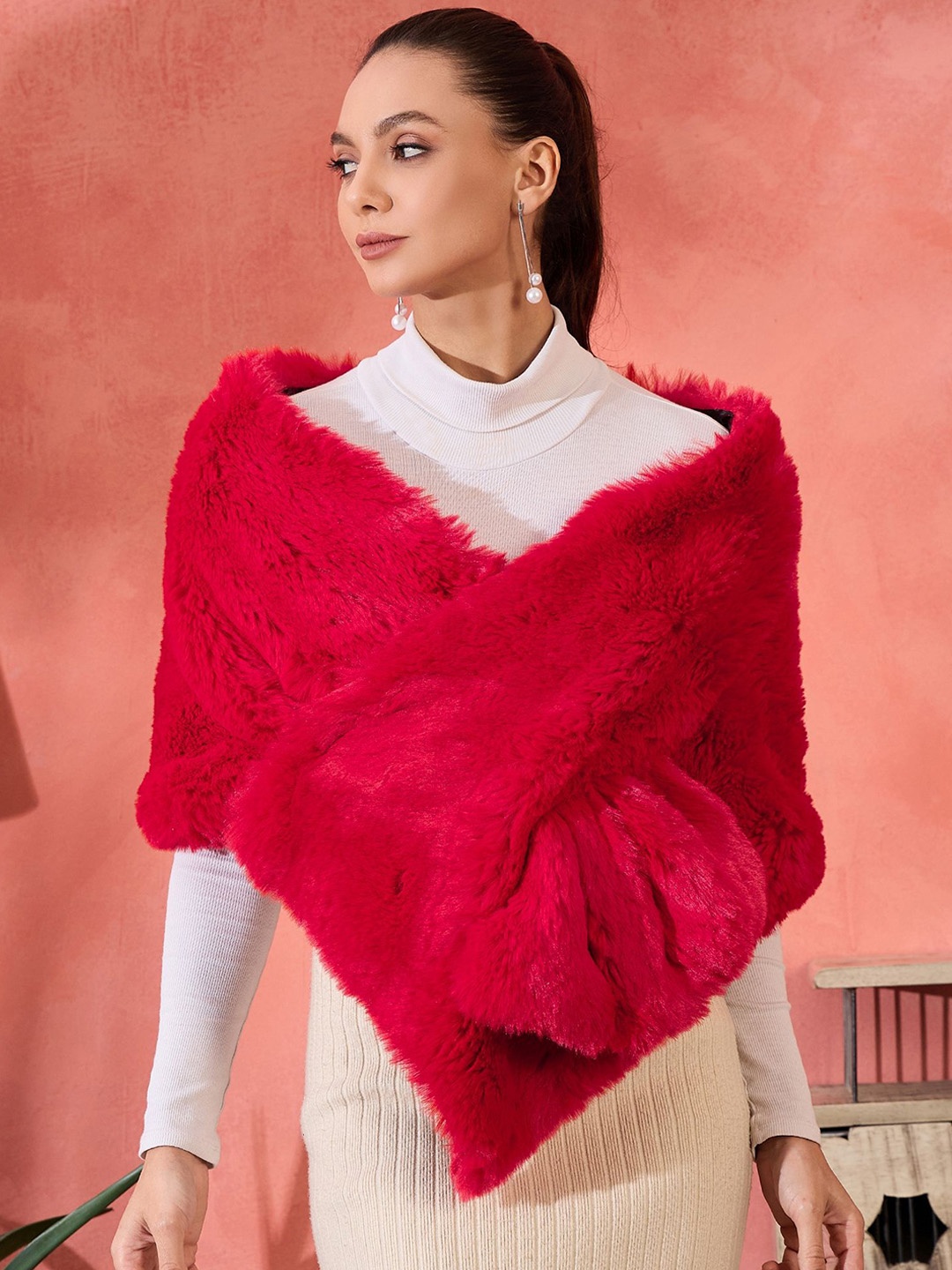 

InWeave Self Design Acrylic Winter Faux Fur Shawl, Red