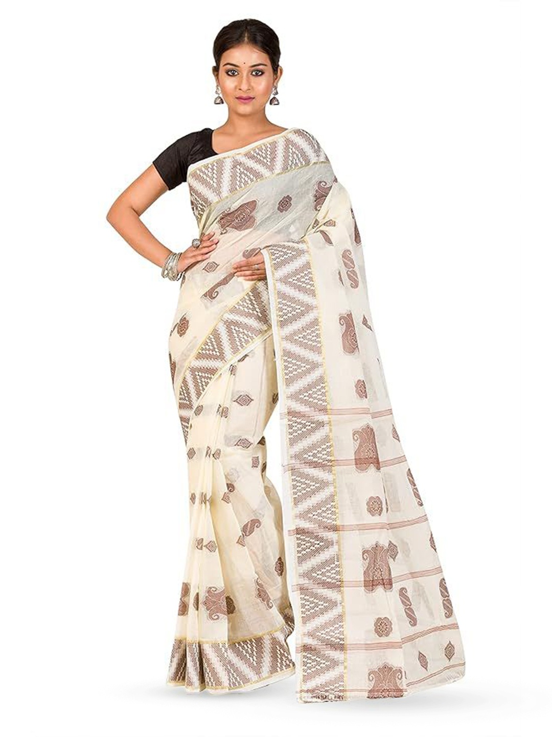 

RAJ SAREE HOUSE Woven Design Zari Pure Cotton Taant Saree, Off white