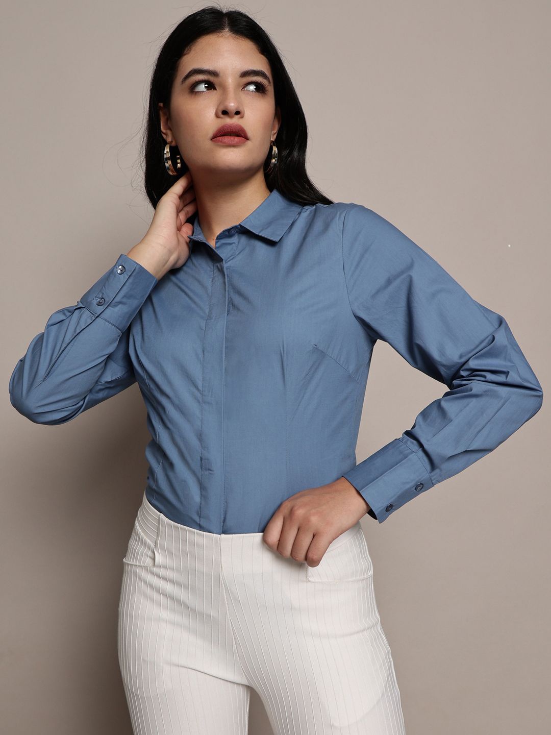 

French Connection Women Premium Slim Fit Opaque Casual Shirt, Blue