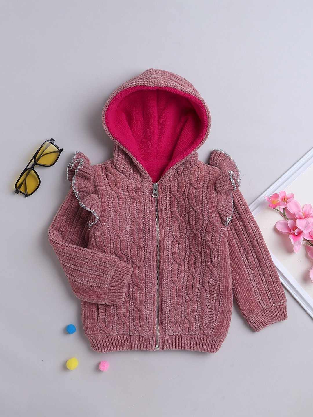 

Yellow Apple Girls Cable Knit Long Sleeves Woollen Cardigan, Pink