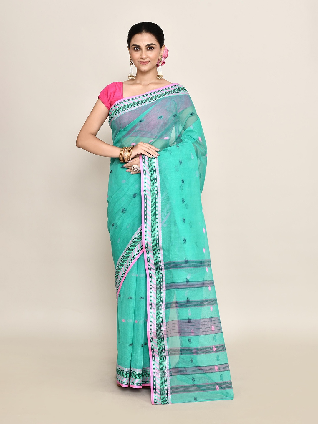 

PUKU Woven Design Pure Cotton Taant Saree, Sea green