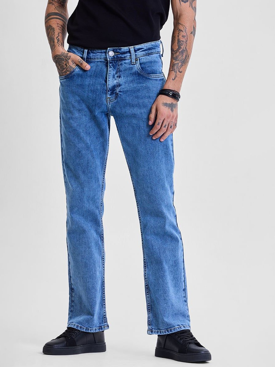 

Snitch Men Classic Fit Light Fade Stretchable Bootcut Jeans, Blue