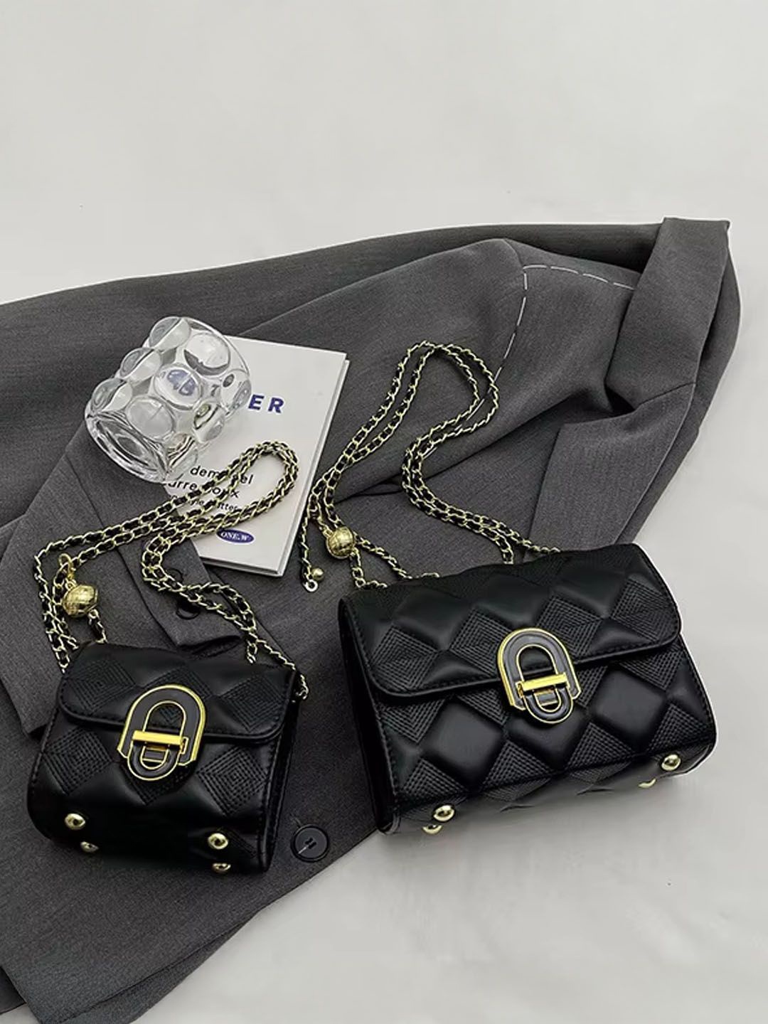 

StyleCast Checked Structured Sling Bag with Quilted, Black