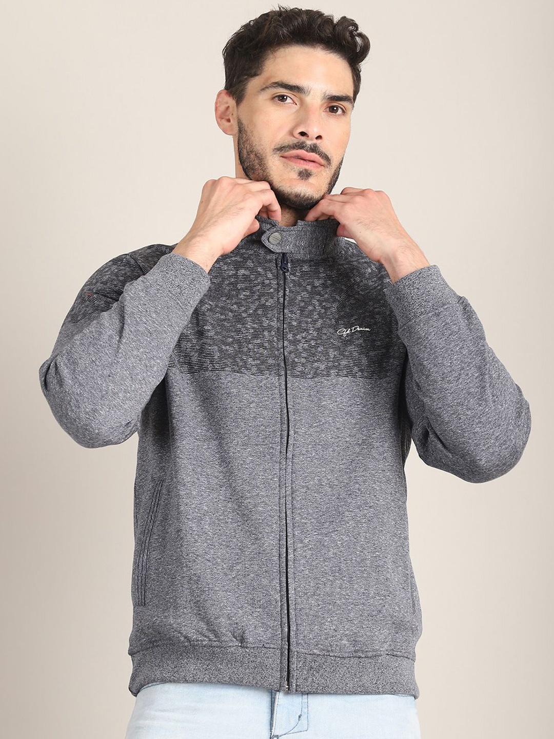 

CONFIDENCE Men Striped Mock Collar Sweatshirt, Grey