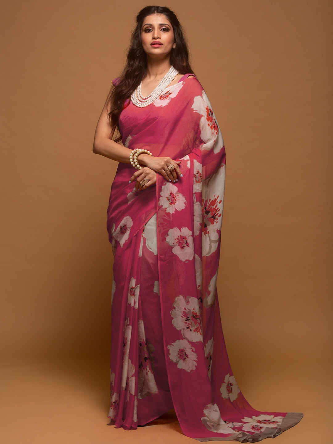 

IZU Women Floral Pure Georgette Block Print Saree with Blouse Piece, Pink