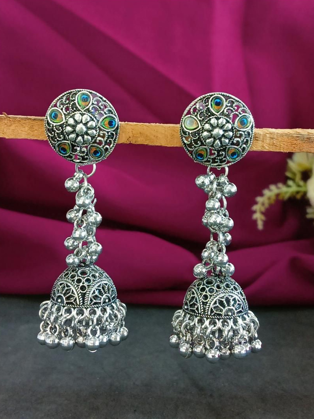 

Efulgenz Rhodium-Plated Crystals Studded Contemporary Jhumkas Earrings, Silver