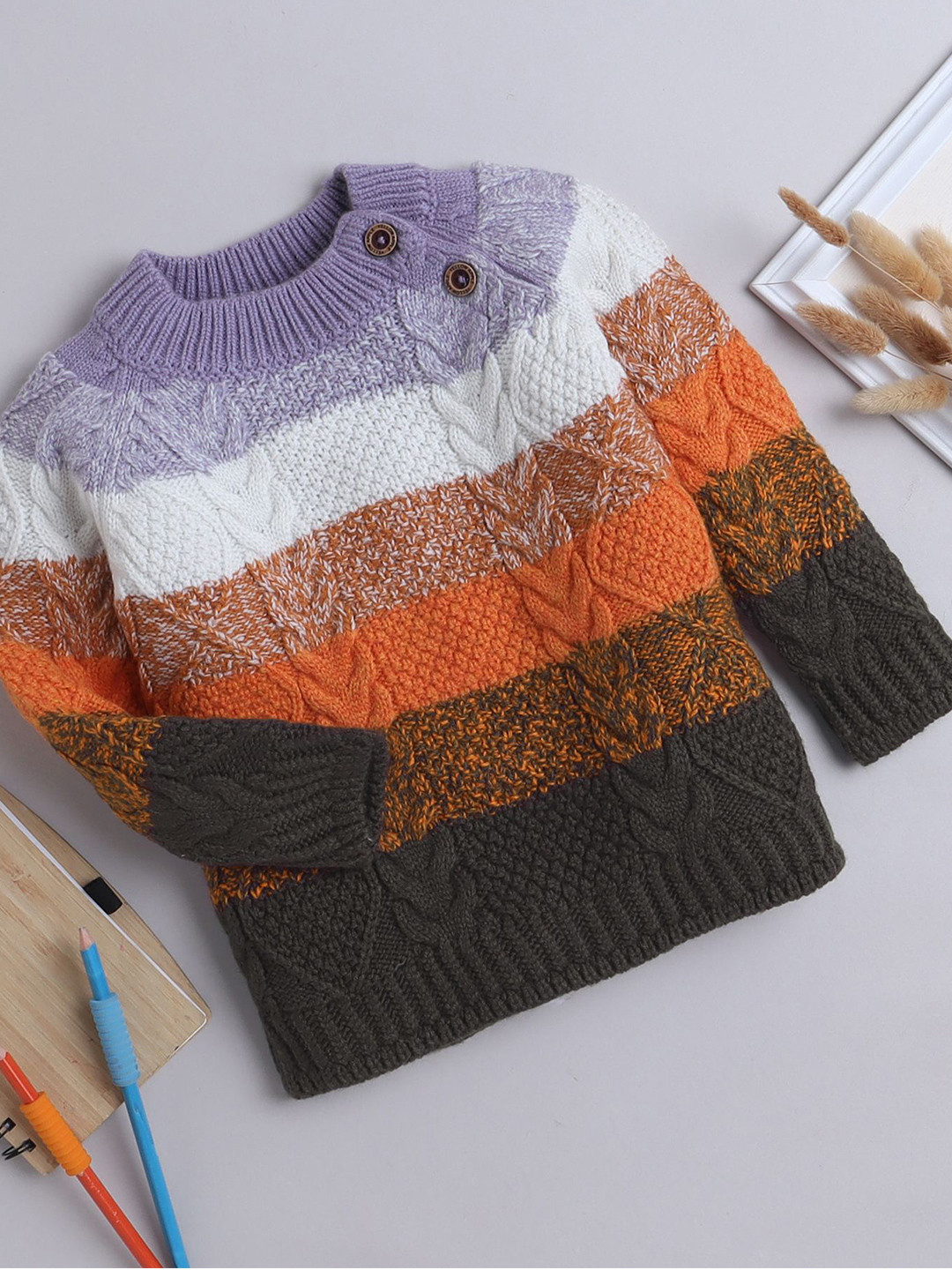 

Yellow Apple Boys Striped Round Neck Long Sleeves Pullover, Olive