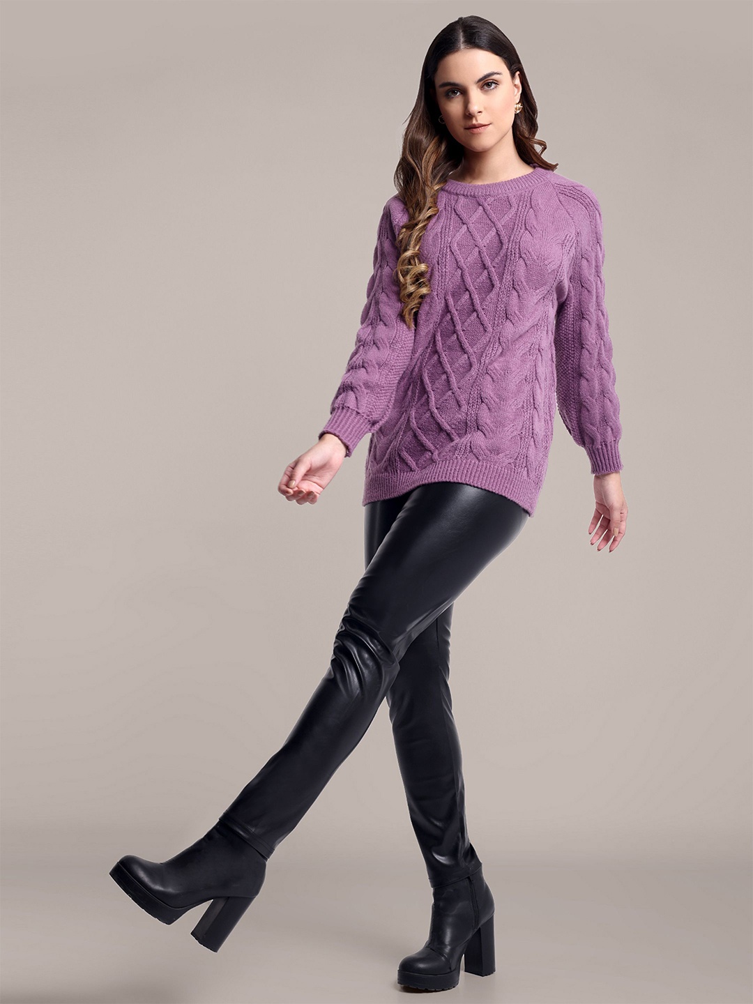 

iki chic Women Cable Knit Woollen Pullover Sweater, Purple