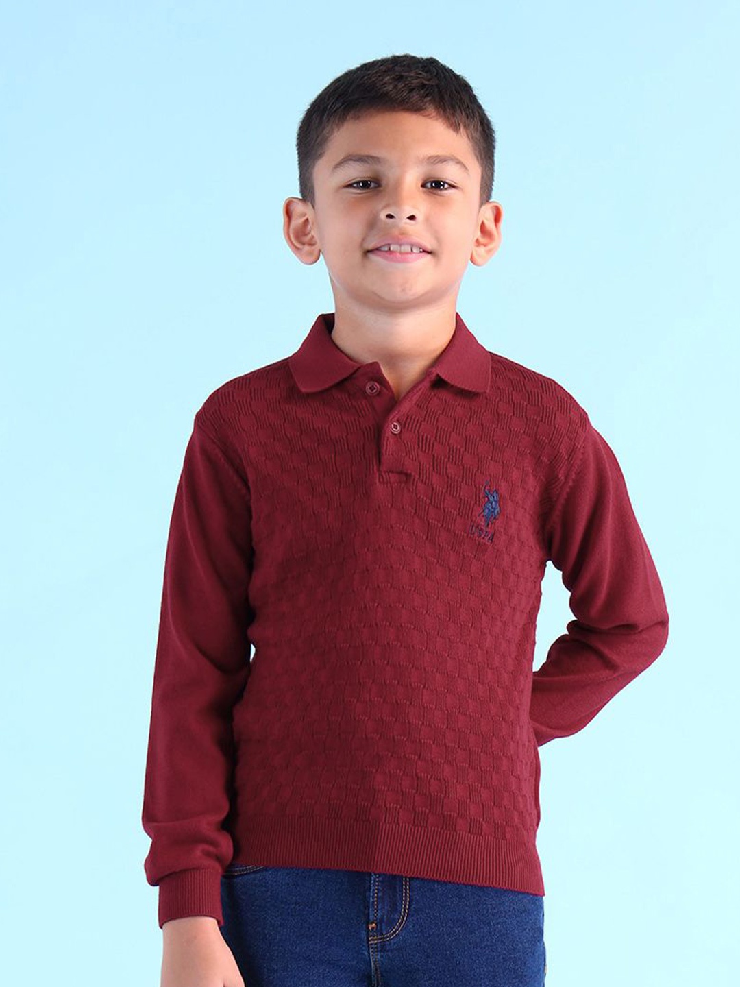 

U.S. Polo Assn. Kids Boys Cotton Lapel Collar Long Sleeves Pullover Sweater, Maroon