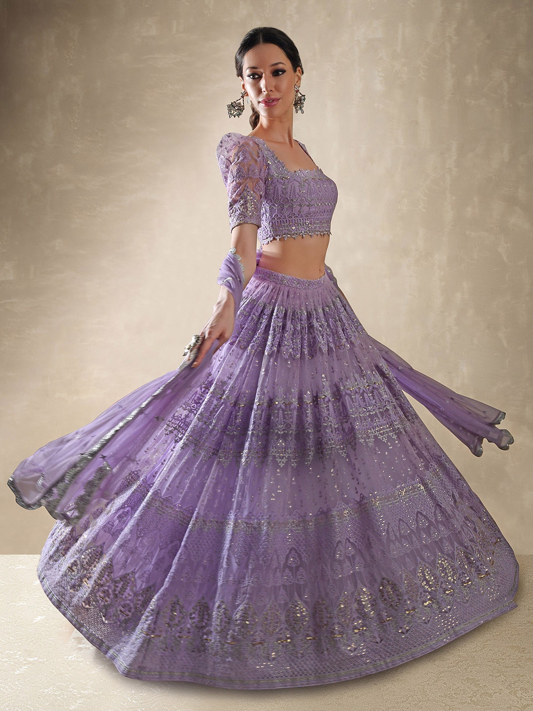 

Renee Label Embroidered Sequinned Ready to Wear Lehenga & Blouse With Dupatta, Lavender