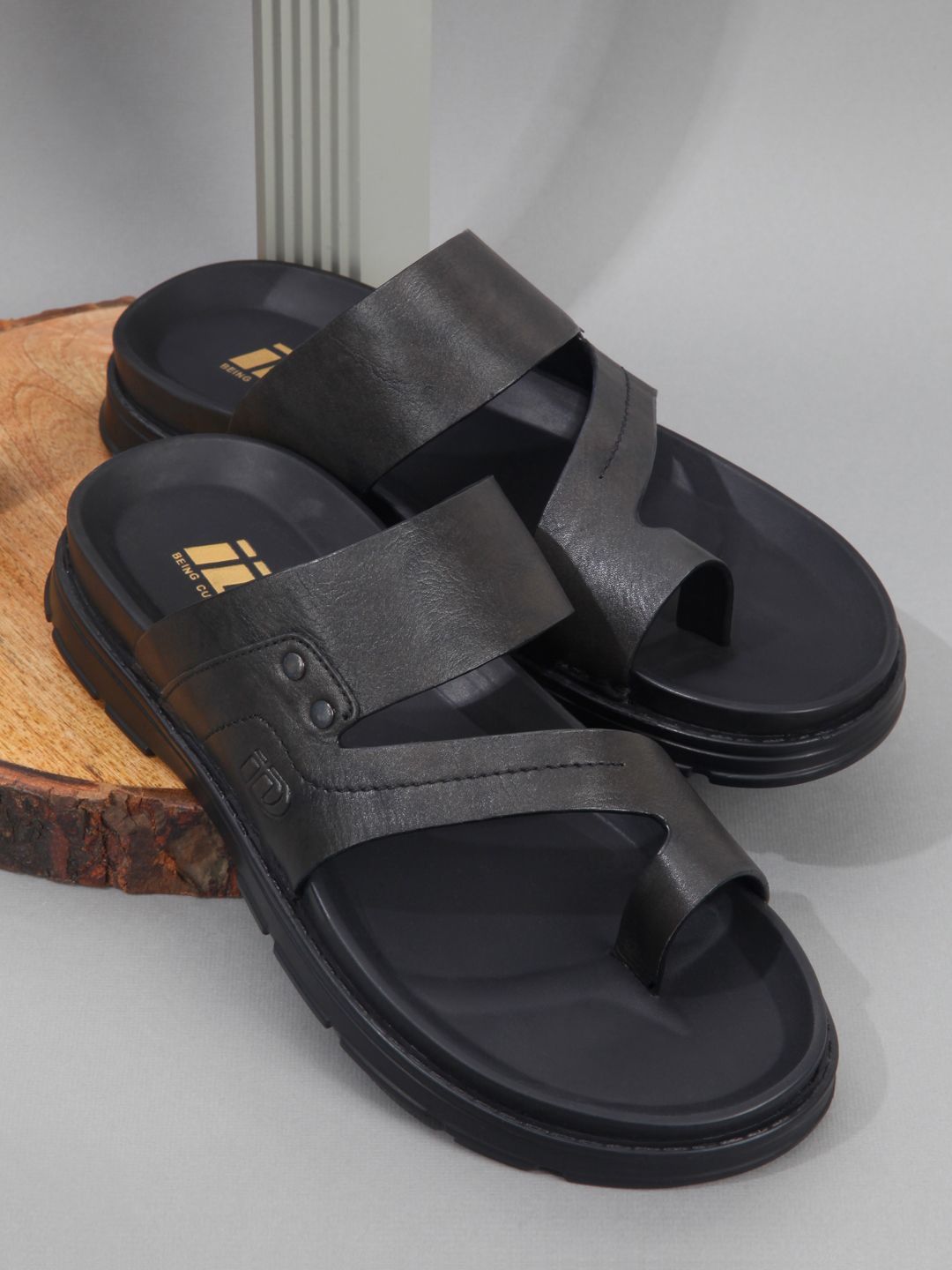 

ID Men Leather Antibacterial Comfort Sandals, Black