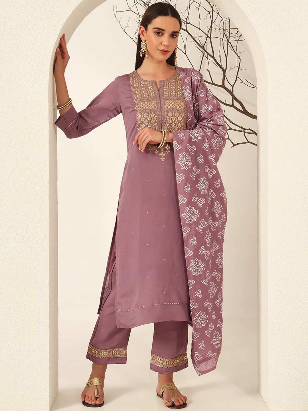 

Anouk Purple Floral Embroidered Notch Neck Chanderi Silk Kurta with Trousers & Dupatta