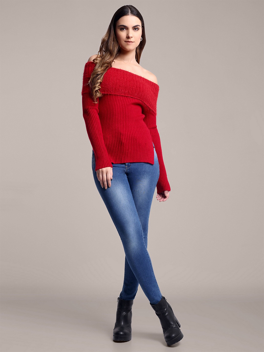 

iki chic Women Ribbed Off-Shoulder Woollen Pullover, Red