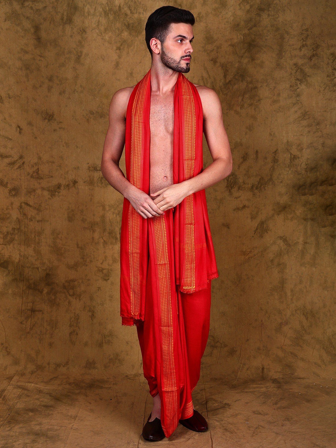 

Exotic India Jute Fiber Dhoti and Angavastram Set with Woven Border from Varanasi, Red