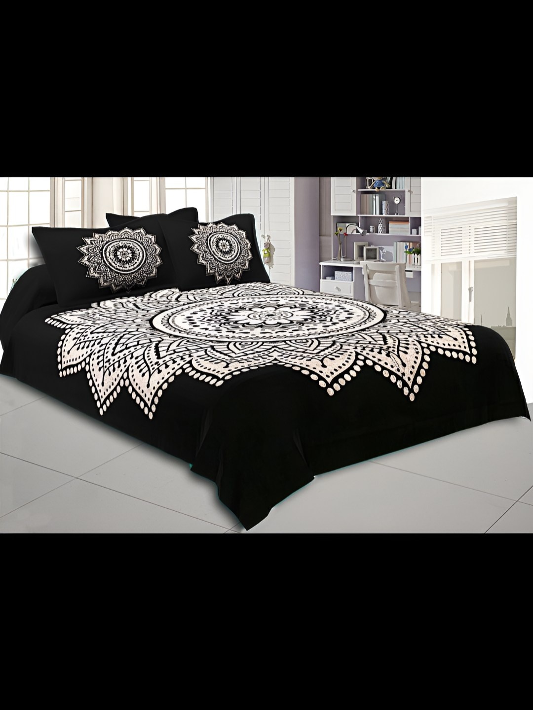 

BED-SHEET.COM Black & White Ethnic Motifs 180 TC King Bedsheet with 2 Pillow Covers