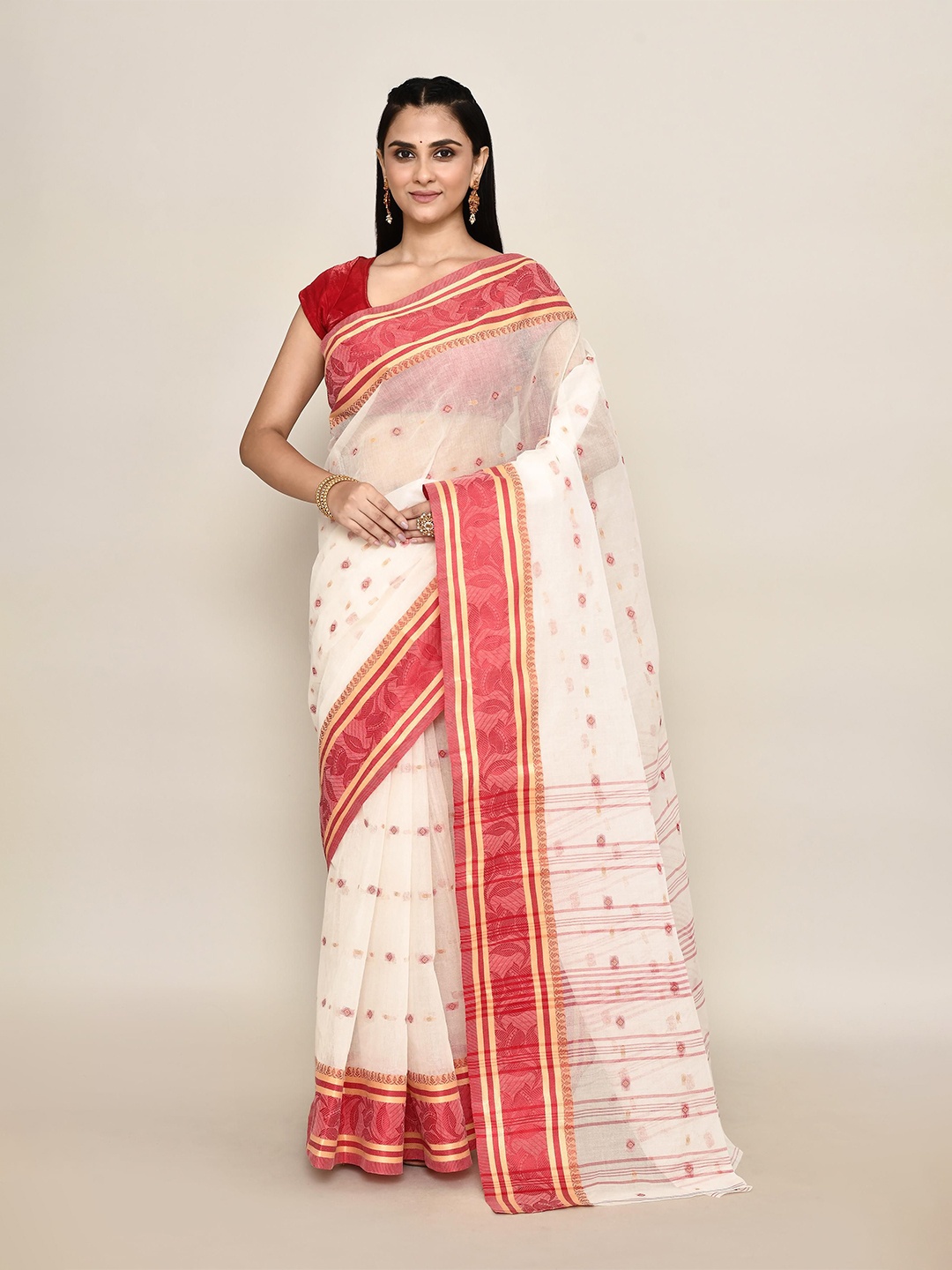 

PUKU Woven Design Ethnic Motifs Pure Cotton Taant Saree, White
