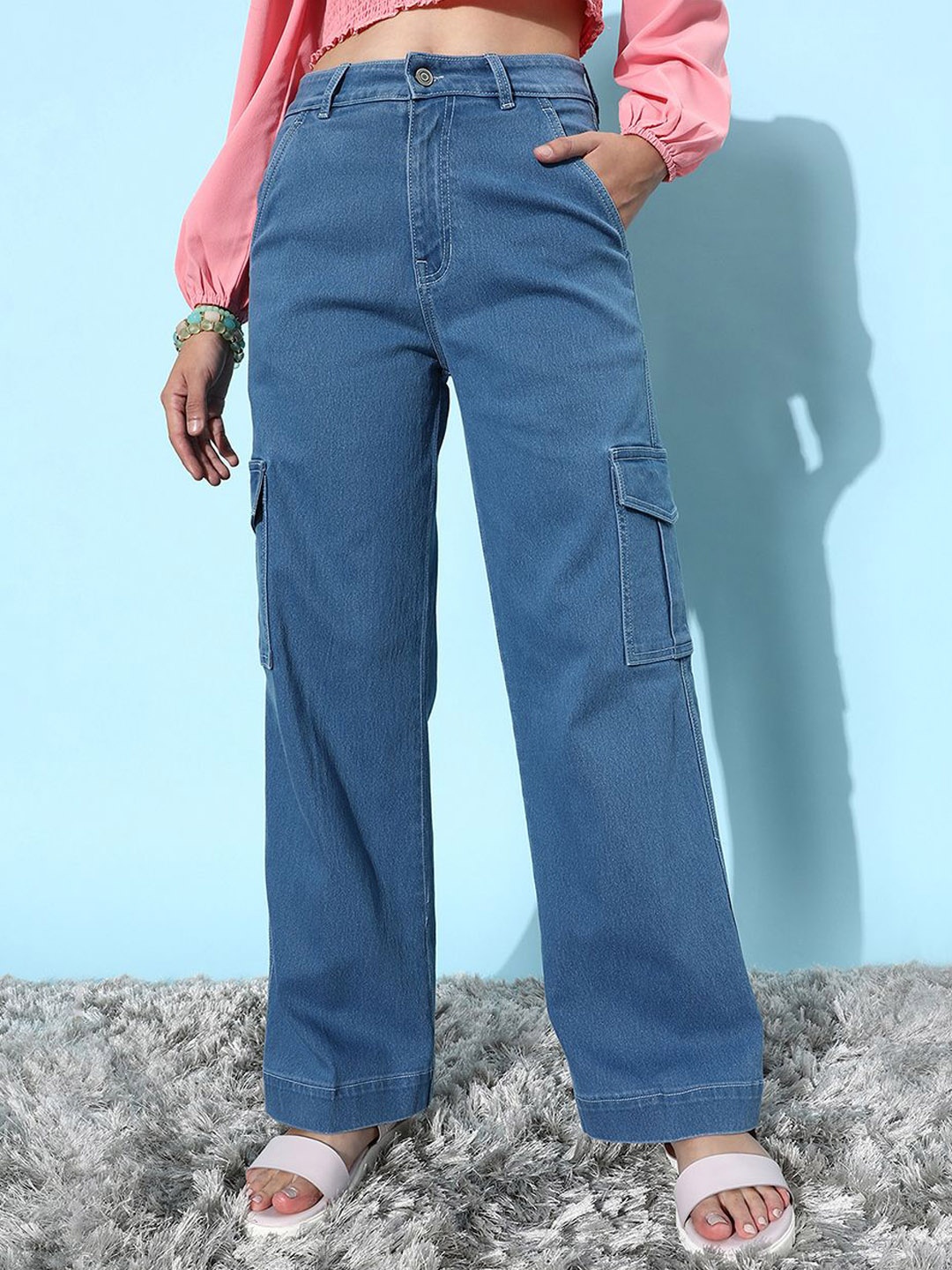 

DOLCE CRUDO Women Wide Leg High-Rise Stretchable Jeans, Blue