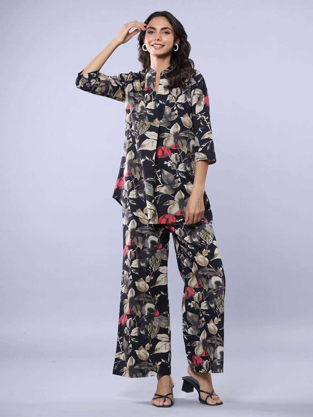 

JISORA Floral Printed Pure Cotton Mandarin Collar Tunic With Trouser, Black