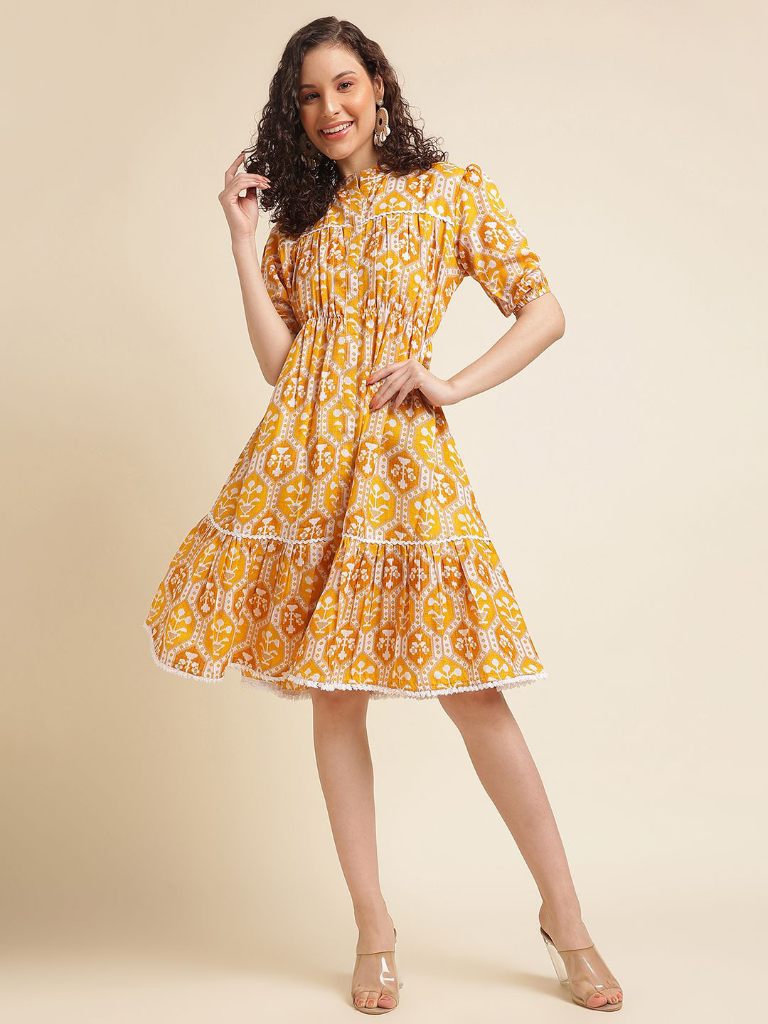 

DressBerry Women Print Cotton Mandarin Collar Three-Quarter Sleeves Fit & Flare Dress, Yellow