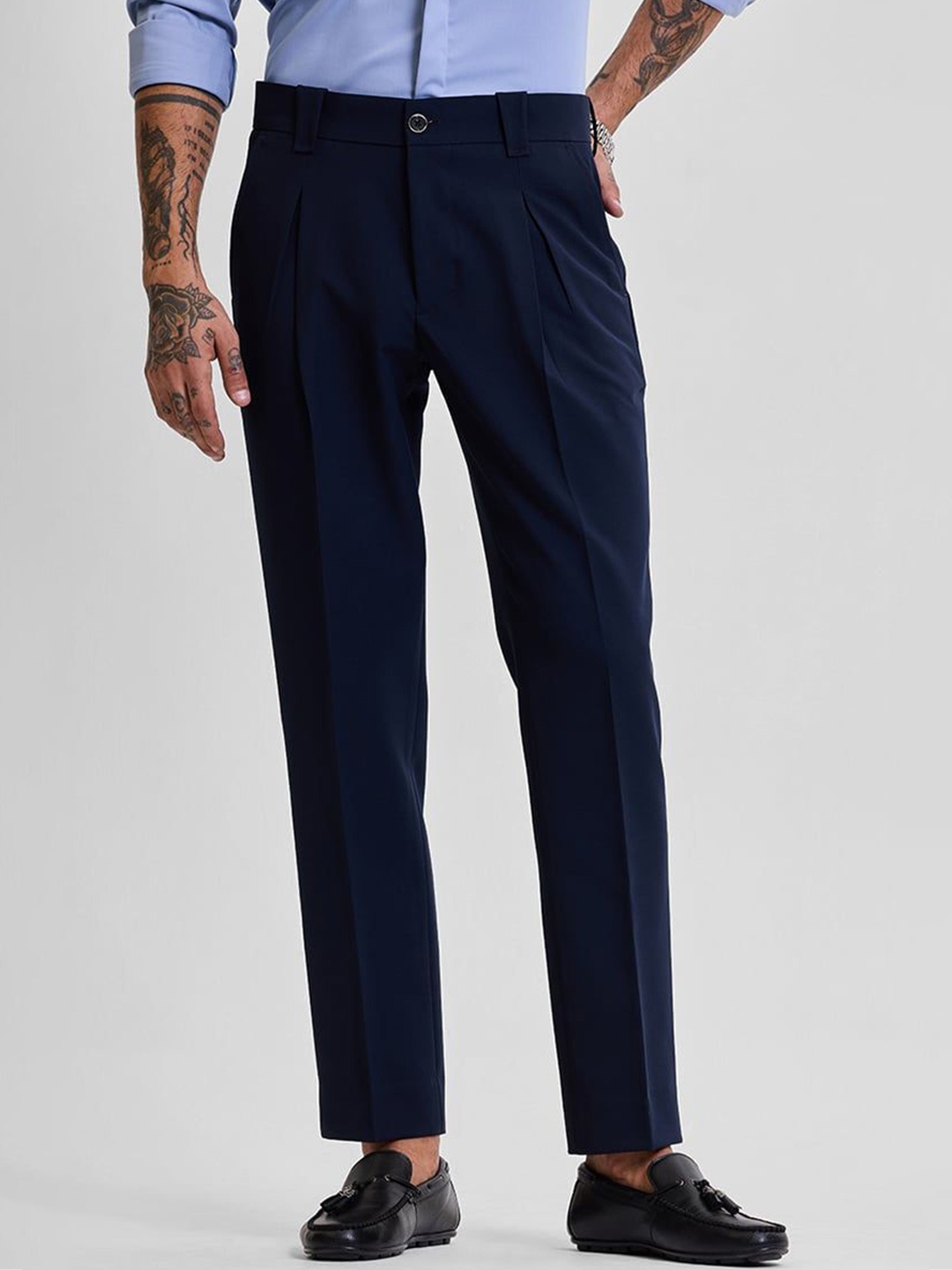 

Snitch Men Smart Slim Fit Pleated Formal Trouser, Navy blue