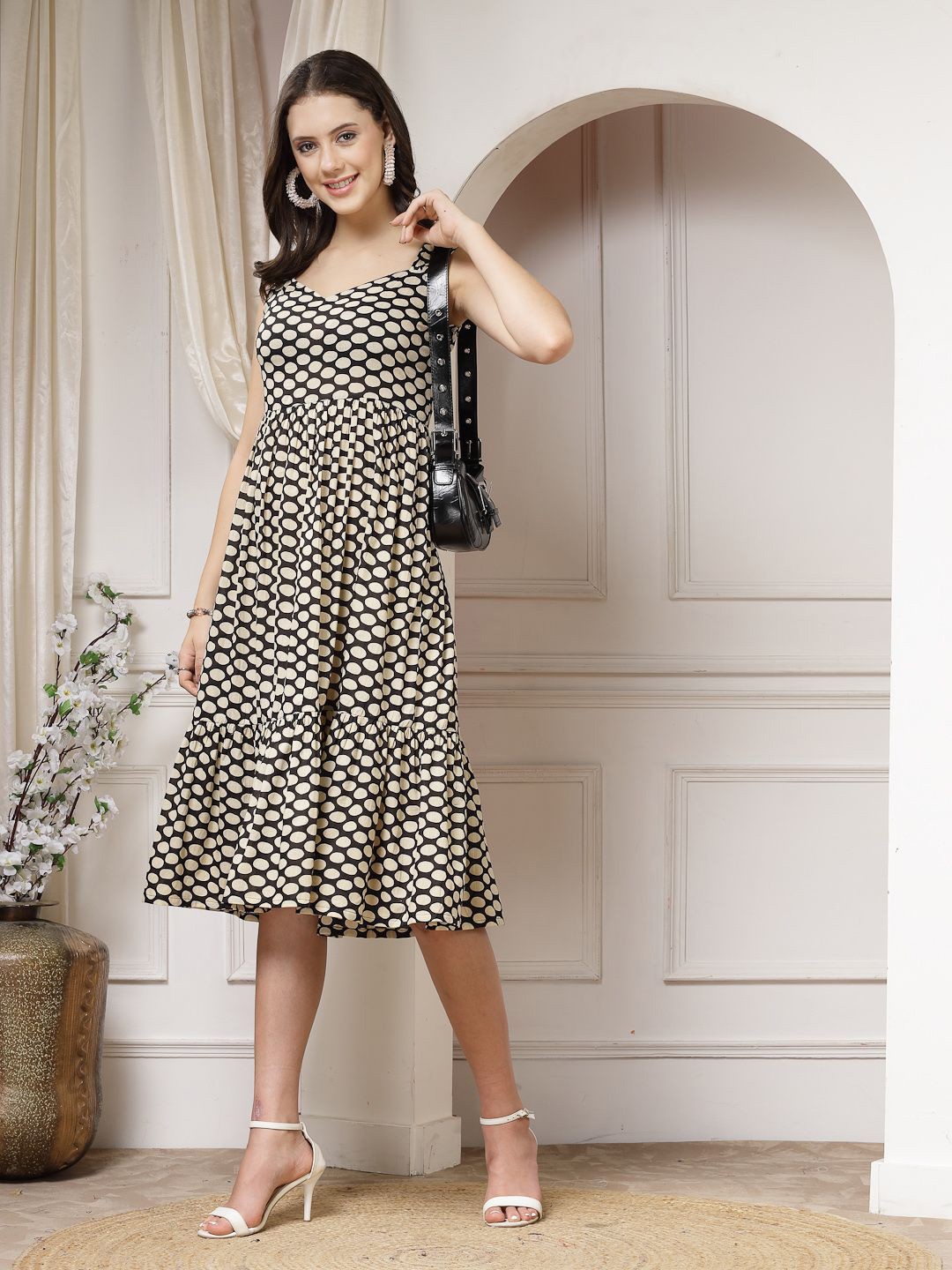 

Indibelle Women Polka Dot Printed Cotton A-Line Midi Dress, Black