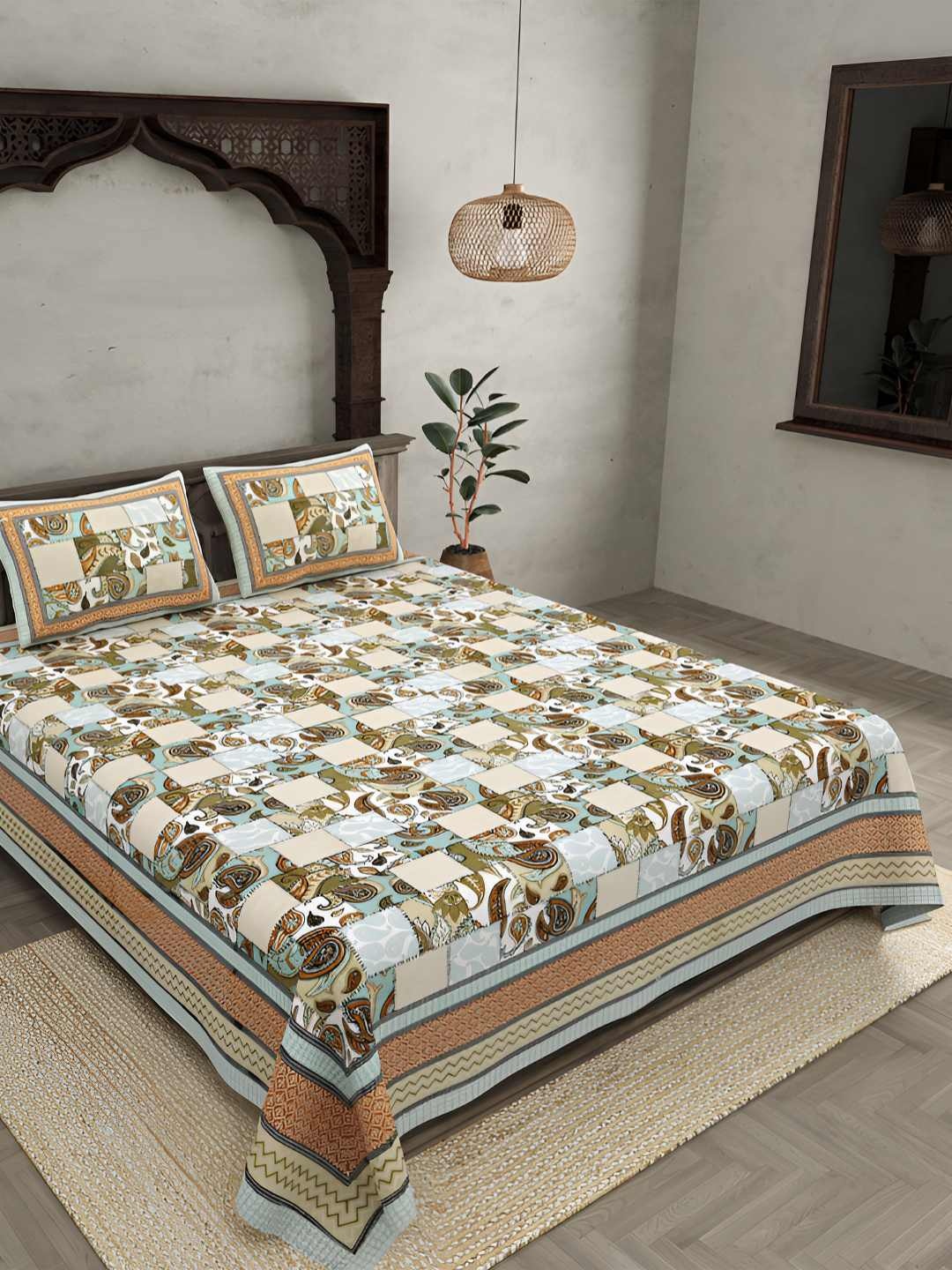 

BED-SHEET.COM Green Ethnic Motifs Printed Cotton 240 TC King Bedsheet Set 2.74 m x 2.54 m