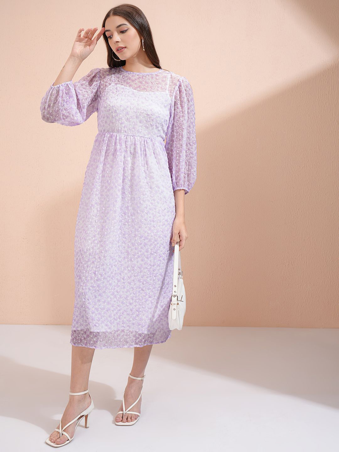 

ESPYR By Tokyo Talkies Women Self Design Puff Sleeve Fit & Flare Midi Dress, Purple