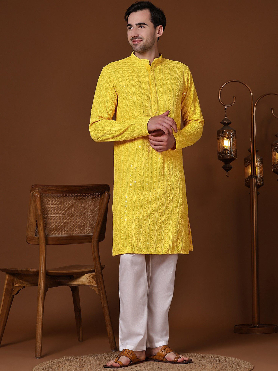 

SKAVIJ Geometric Embroidered Sequinned Jacquard Weave Pure Cotton Straight Kurta & Pyjamas, Yellow