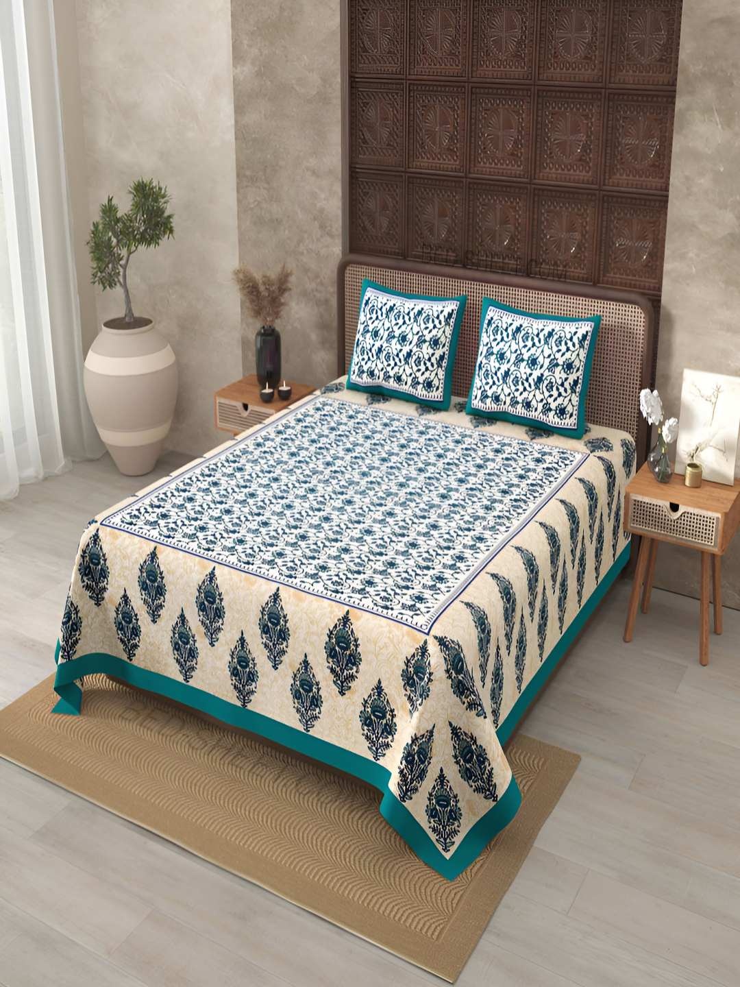 

BED-SHEET.COM Green Floral Printed Cotton 180 TC King Bedsheet Set 2.74 m x 2.24 m