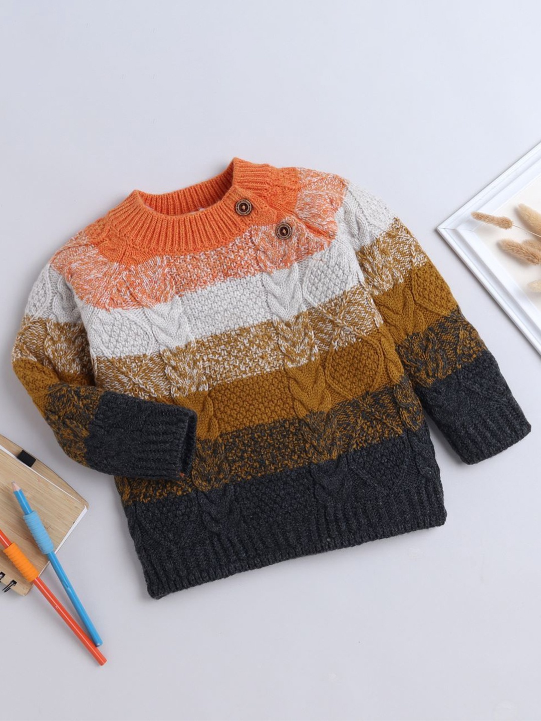 

Yellow Apple Boys Cable Knit Striped Pullover Sweaters, Charcoal